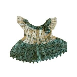 Handmade Crochet Baby Dress (0-3 months) Cream /green Flower Detail